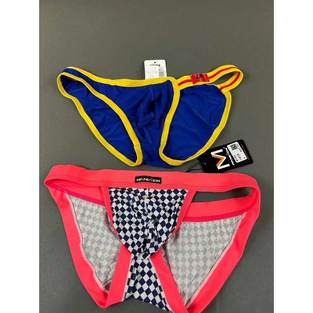 Manview & ZYKU Mens Underwear Bundle Checkered Pink Blue Briefs Size M Lot of 2